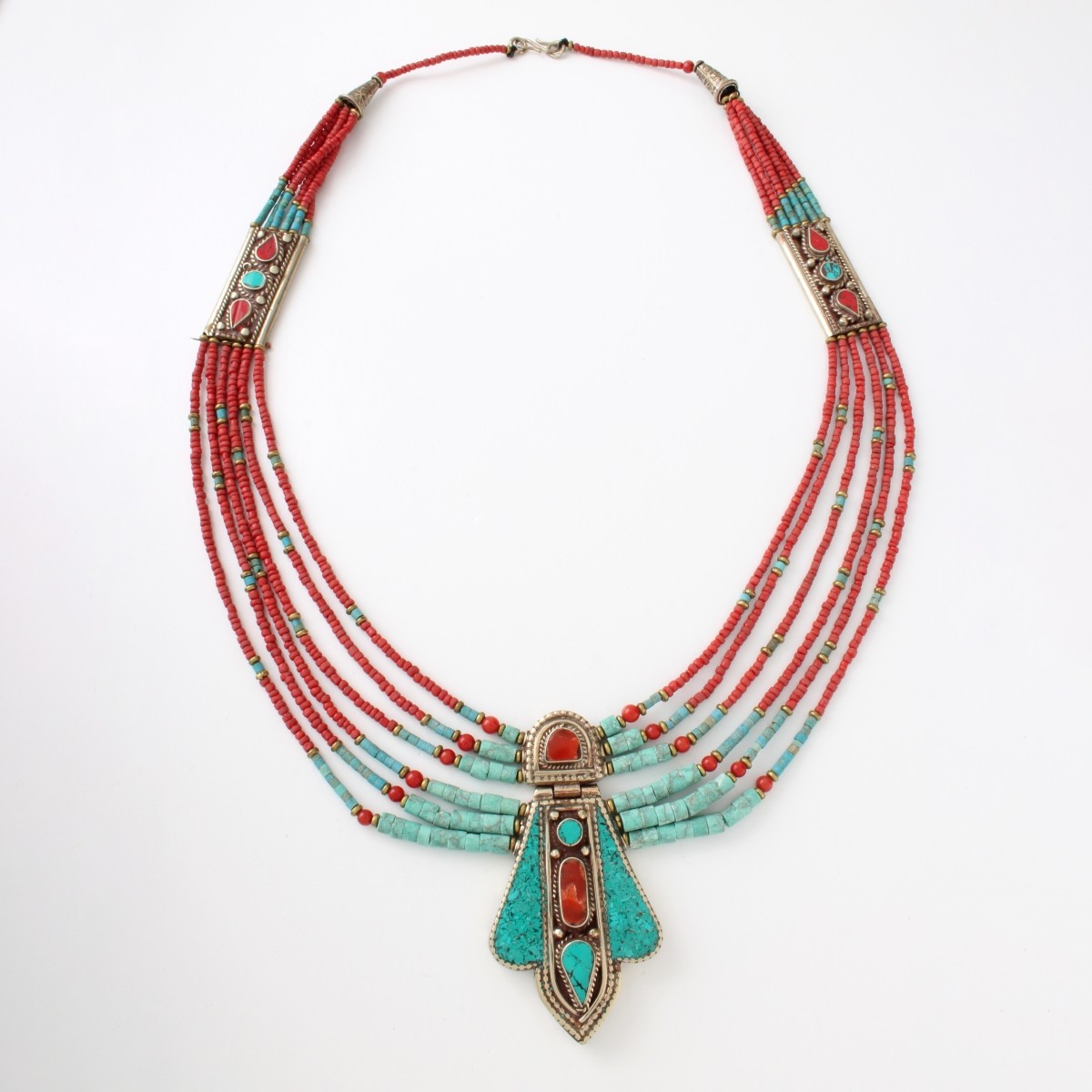 Tibetan Turquoise, Coral and Silver Necklace