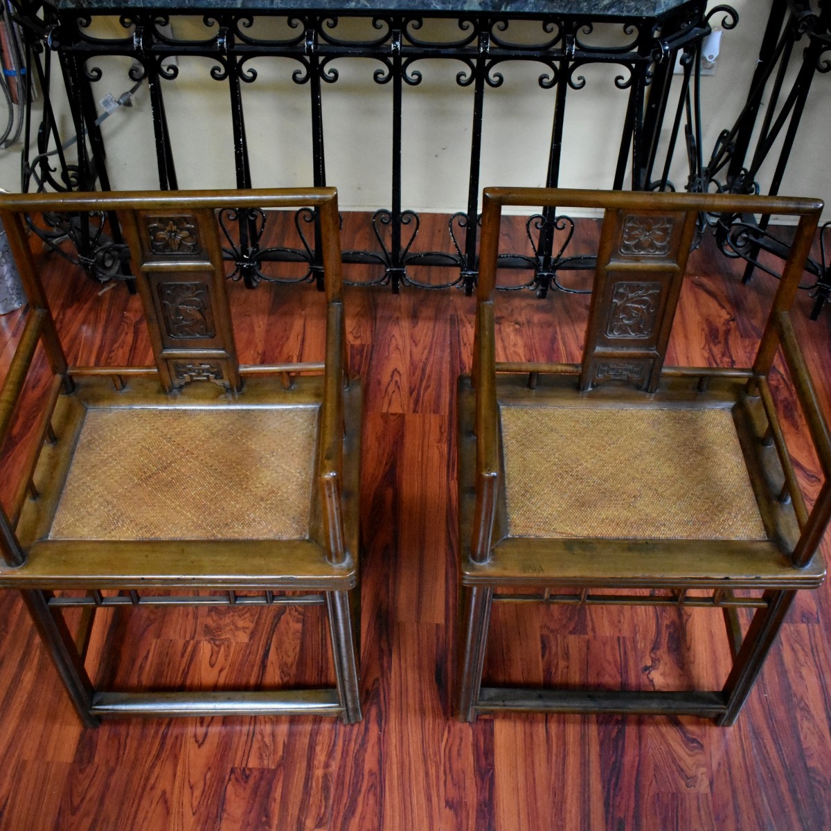Pair of Chinese Square Form Wood Armchairs
