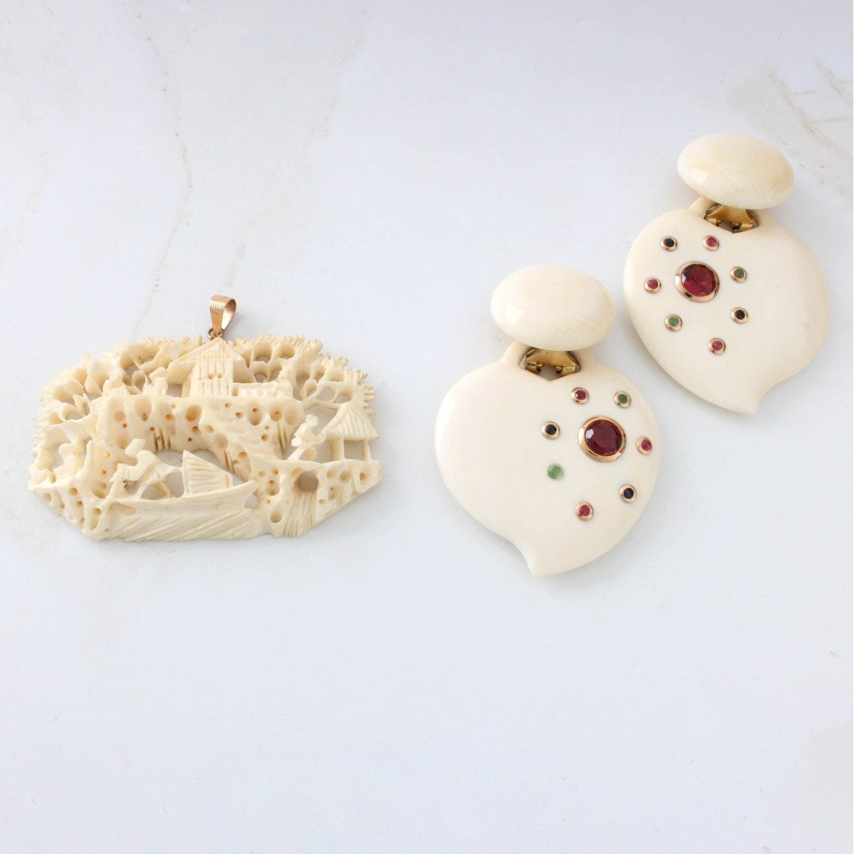 Carved Earrings and Pendant