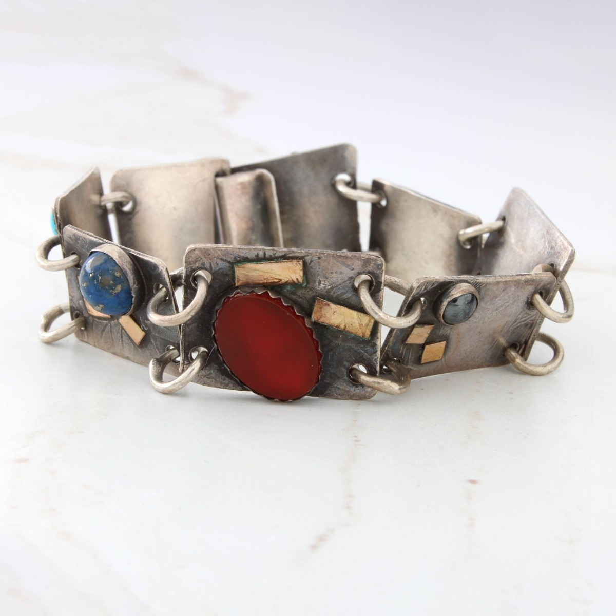 Navajo Sterling, Gold and Gemstone Bracelet