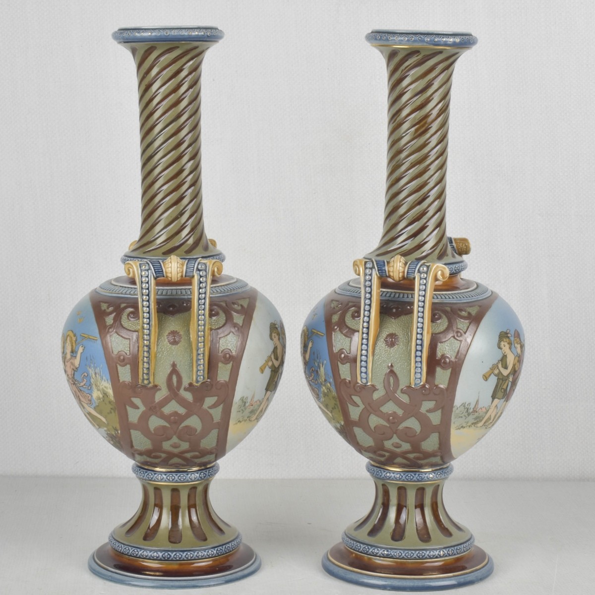 Mettlach German Etched Stoneware Vases
