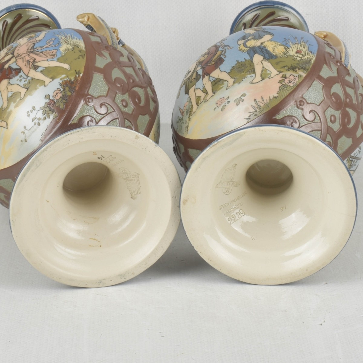Mettlach German Etched Stoneware Vases