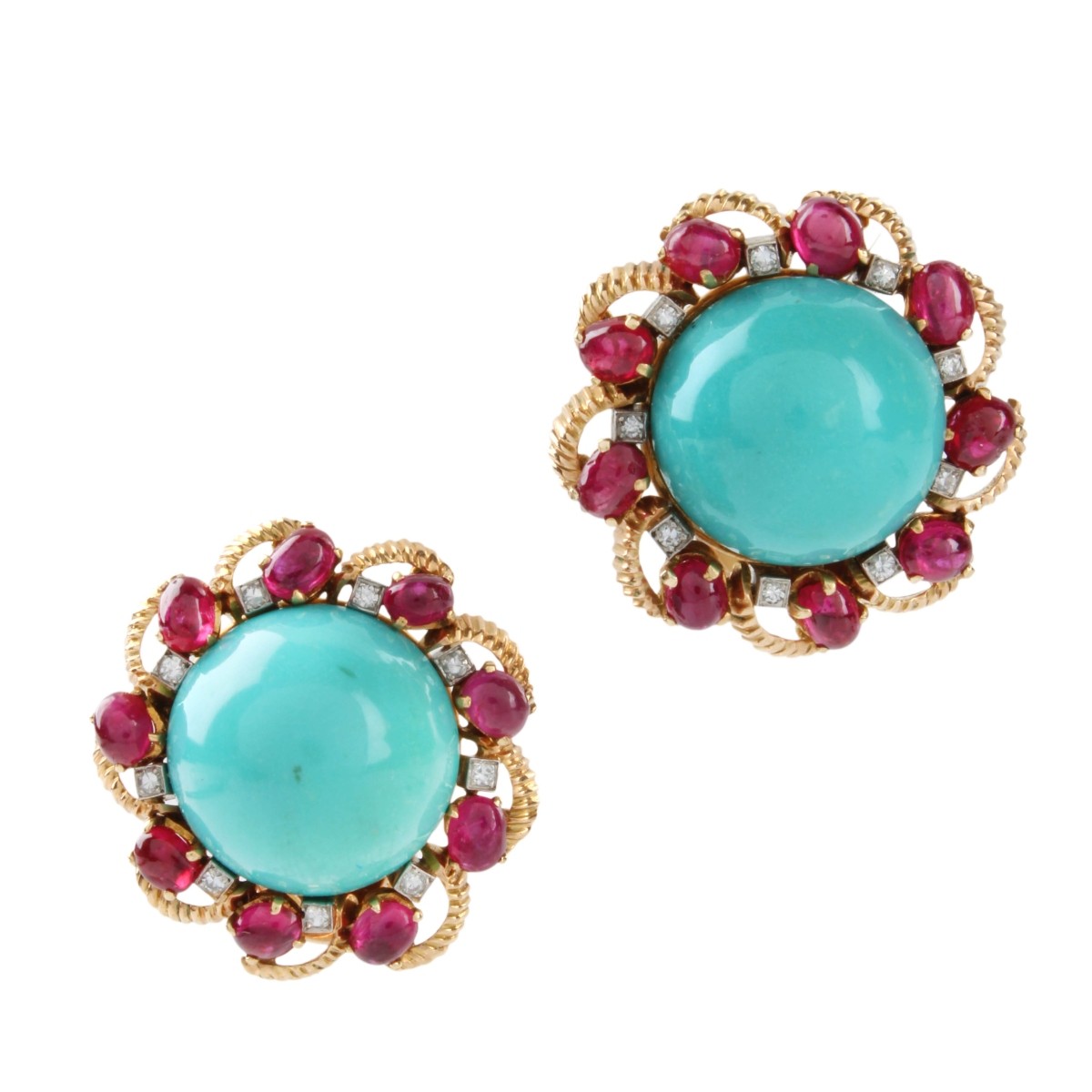 18K YG Turquoise, Dia. and Ruby Earrings