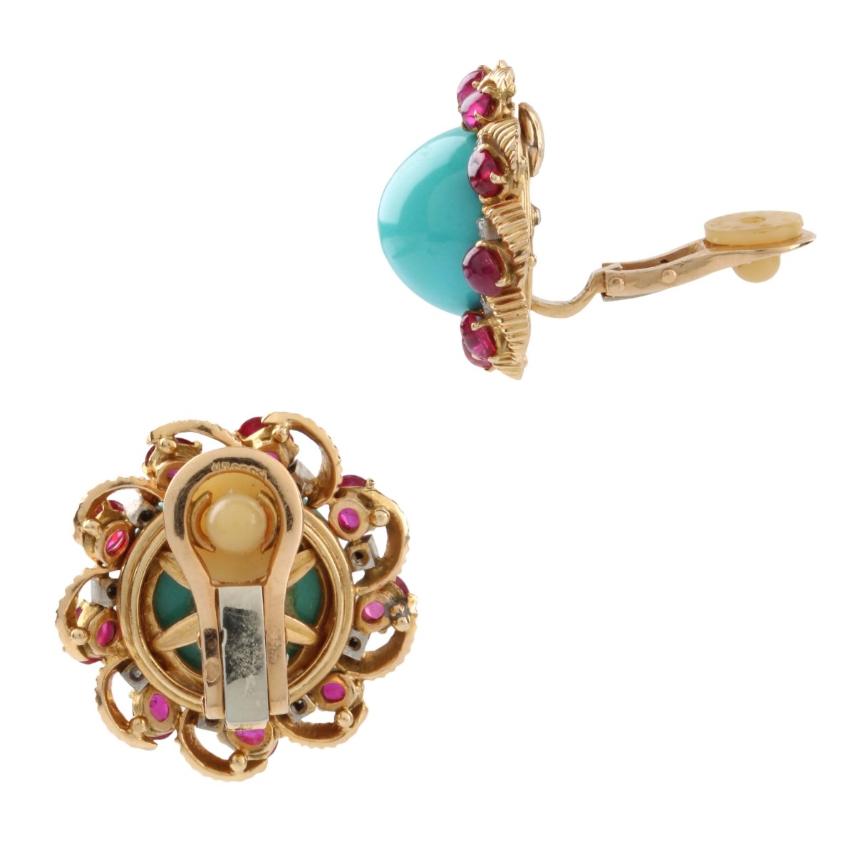 18K YG Turquoise, Dia. and Ruby Earrings