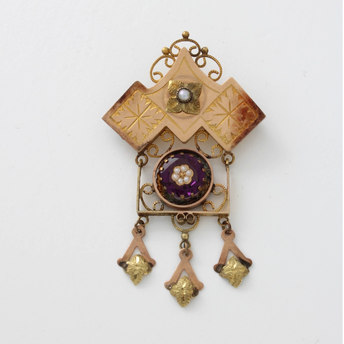 Amethyst, Pearl and 14K Brooch