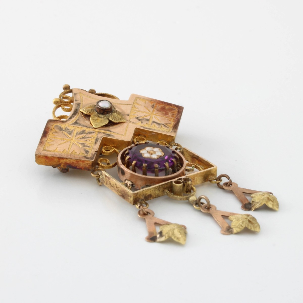 Amethyst, Pearl and 14K Brooch