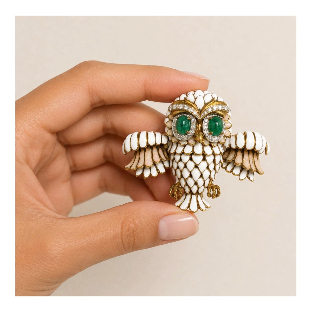 Emerald, Diamond & 18K Owl Brooch