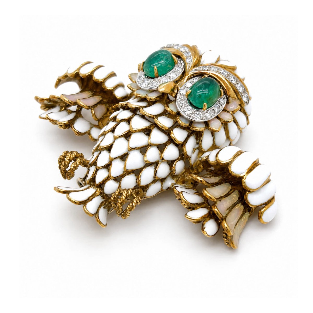 Emerald, Diamond & 18K Owl Brooch