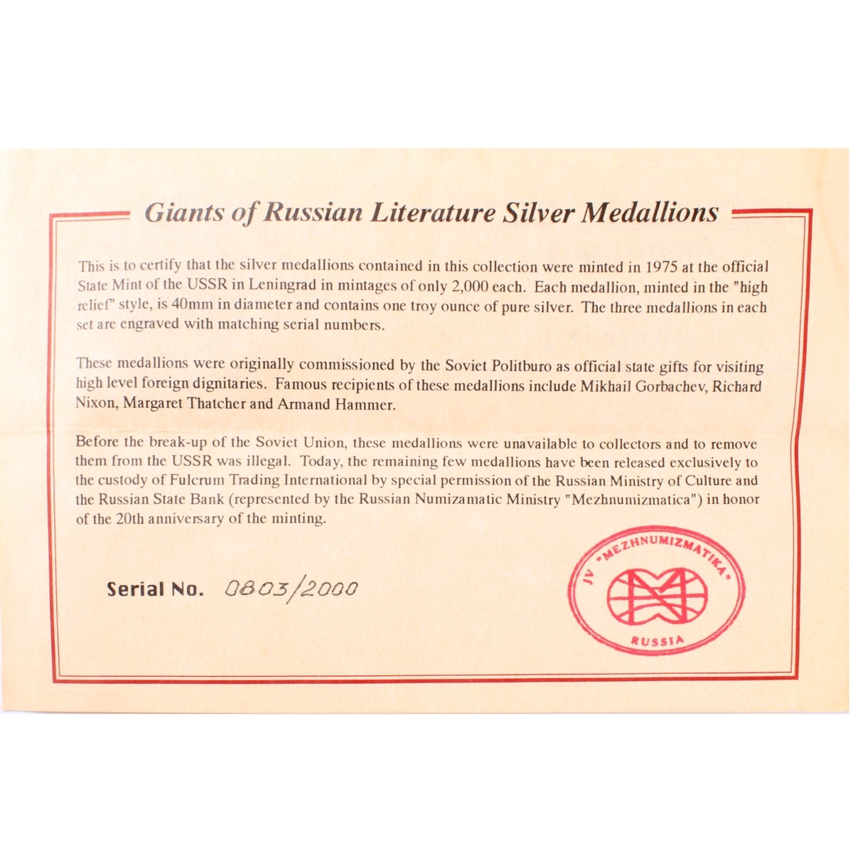 Giants of Russian Literature Silver Medallions