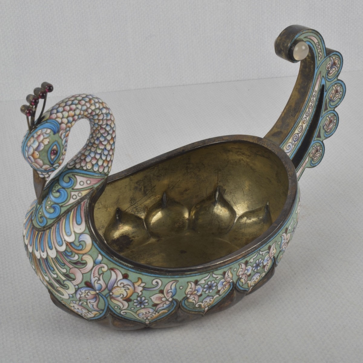 Russian 84 Silver and Cloisonne Kovsh