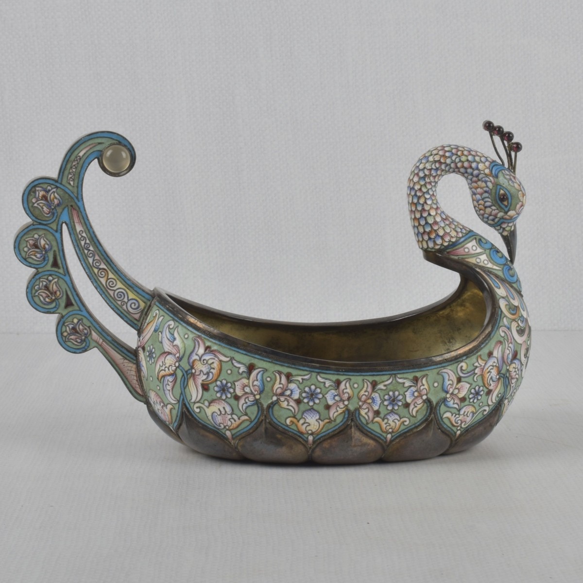 Russian 84 Silver and Cloisonne Kovsh