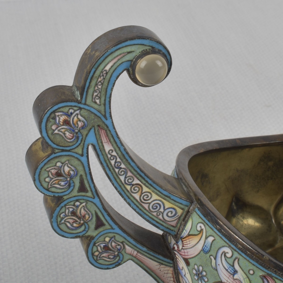 Russian 84 Silver and Cloisonne Kovsh