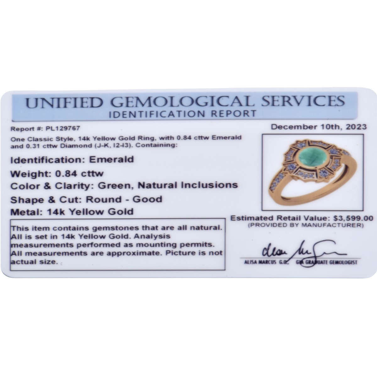 UGS Emerald, Diamond and 14K Ring