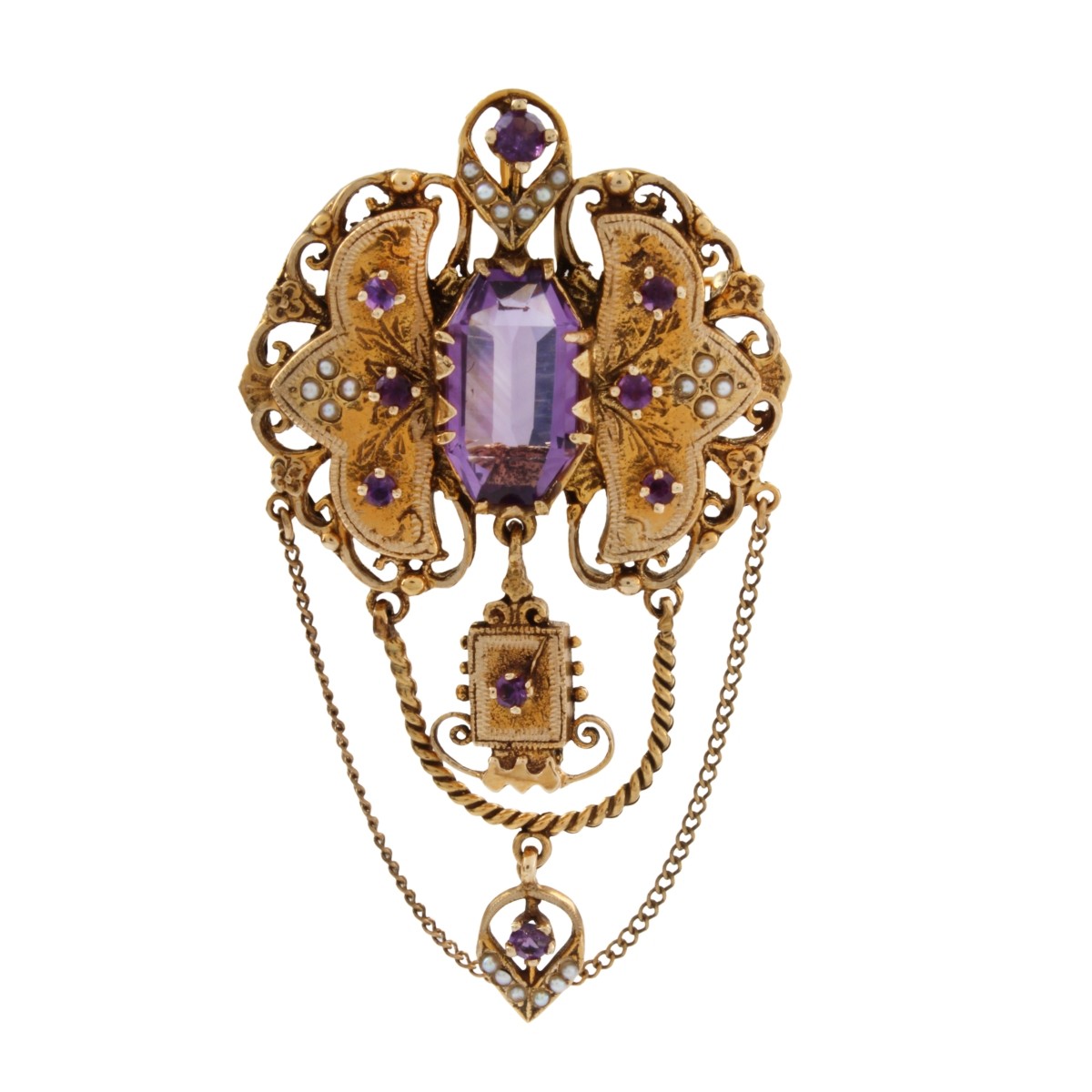 Antique Amethyst and 14K Brooch