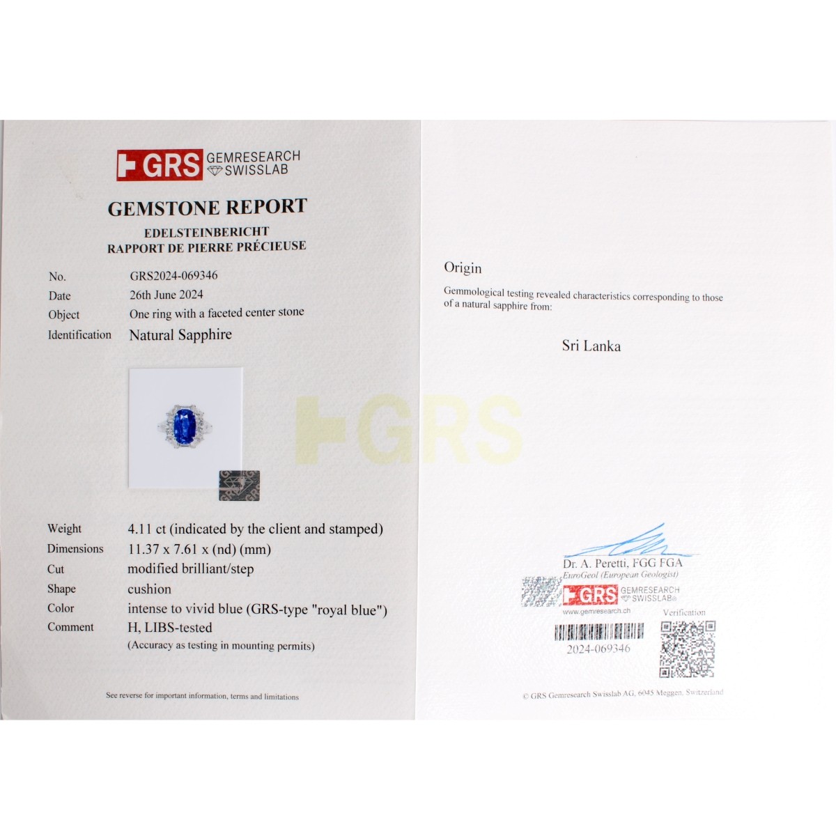GRS Sapphire Diamond and Platinum Ring