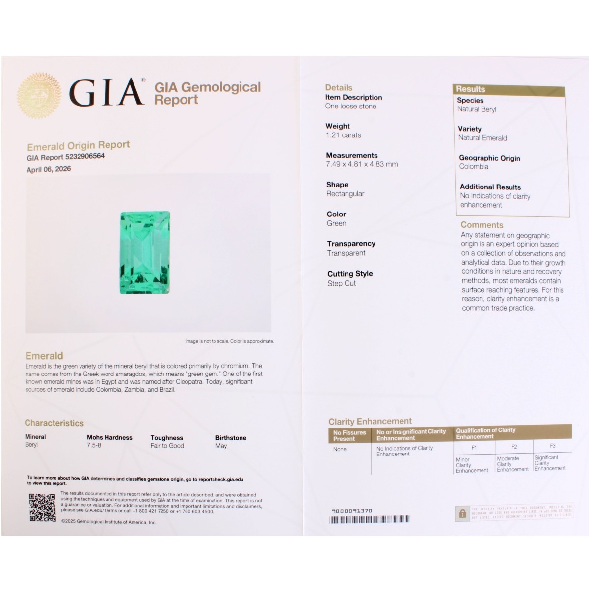 GIA Colombian No Oil Emerald