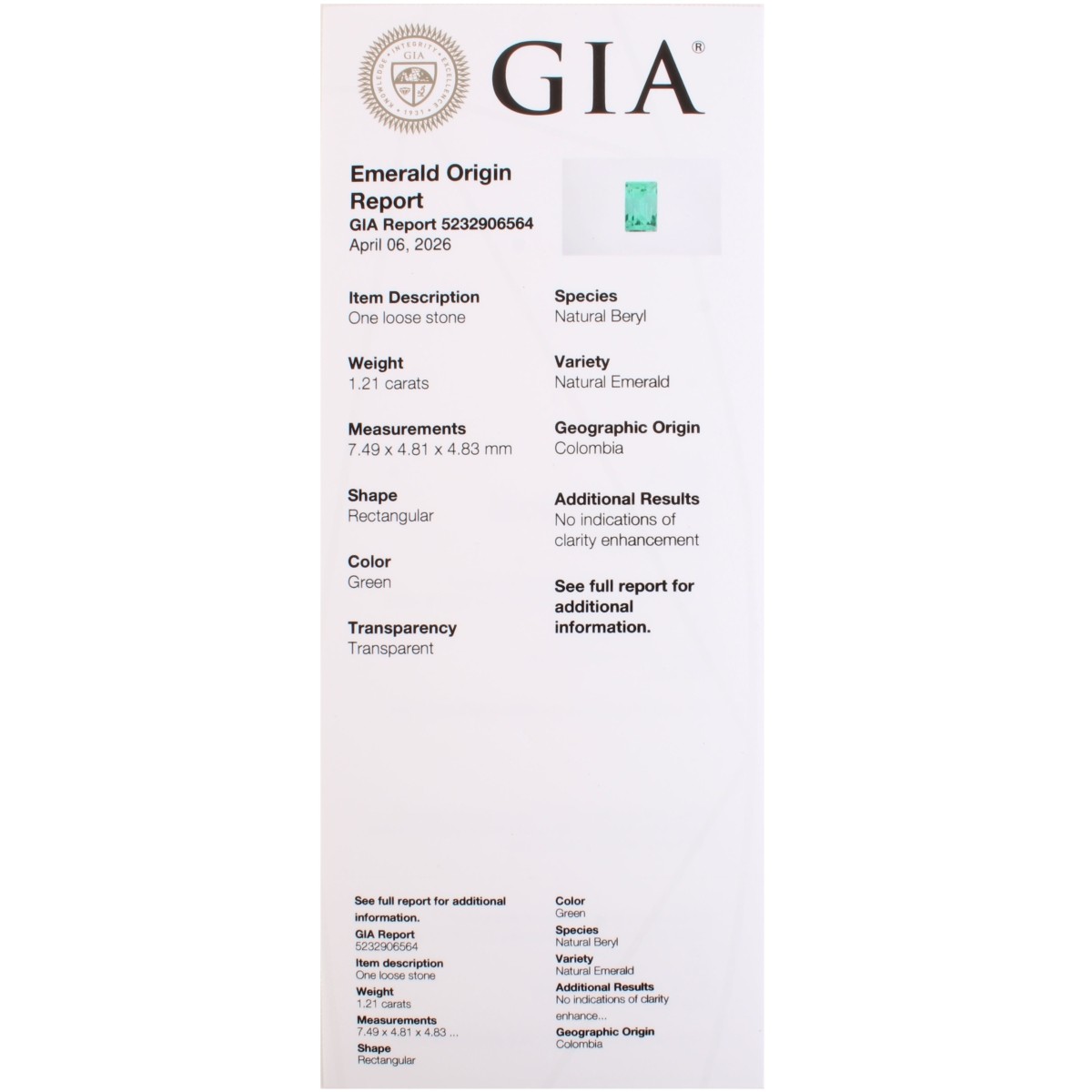 GIA Colombian No Oil Emerald