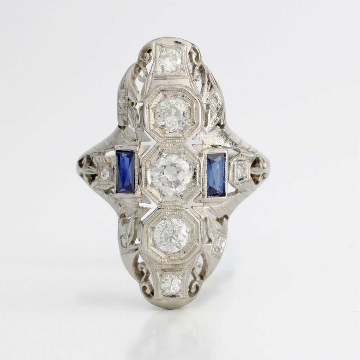 Deco Diamond Sapphire and Plat Ring