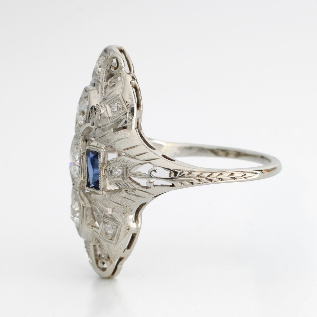 Deco Diamond Sapphire and Plat Ring