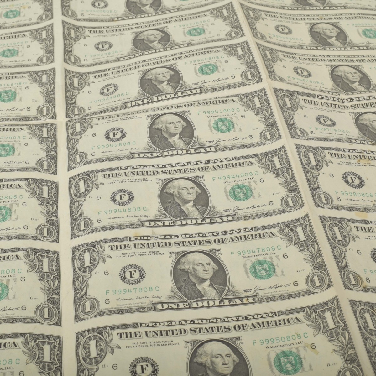 Sheet of Uncut US One Dollars